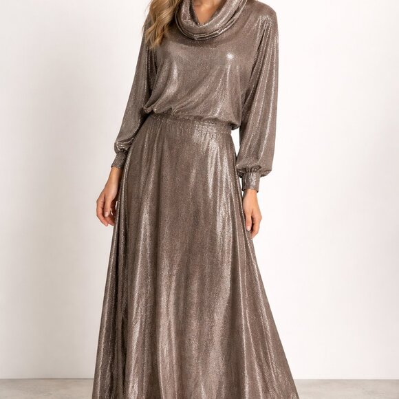 Dresses & Skirts - Metallic Shimmer 2 Piece Set Cowl Neck Blouse & Flowy Maxi Skirt Mob Wife